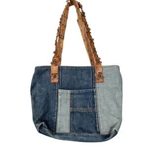 Patricia Nash Denim Patchwork Tote Shoulder Bag Maggiore Leather Blue